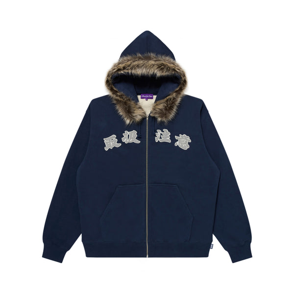 FAUX FUR HOODED HWC ZIP HOODIE NAVY