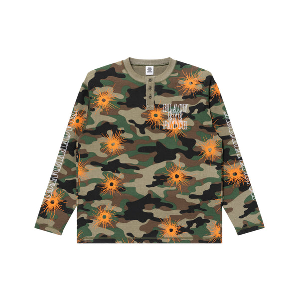 GUNSHOT STENCIL HENLEY NECK L/S THERMAL WOODLAND CAMO