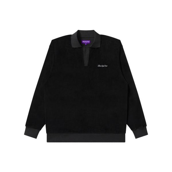 SCRIPT LOGO COLLARED VELOUR PULLOVER BLACK