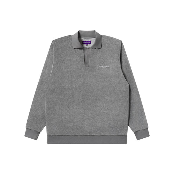 SCRIPT LOGO COLLARED VELOUR PULLOVER HEATHER GRAY