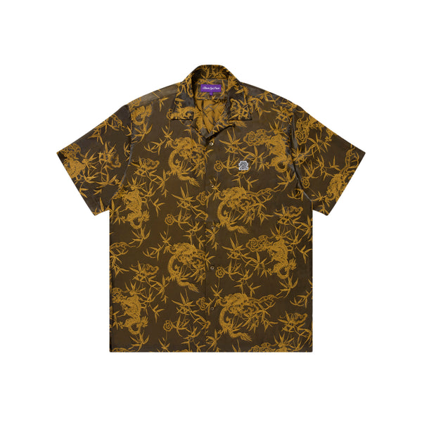 DRAGON TEXTILE OPEN COLLARED SATIN S/S SHIRT BROWN