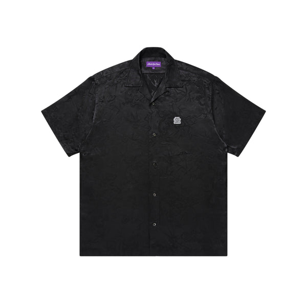 DRAGON TEXTILE OPEN COLLARED SATIN S/S SHIRT BLACK