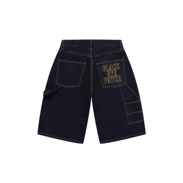 STENCIL LOGO DOUBLE KNEE DENIM SHORTS INDIGO