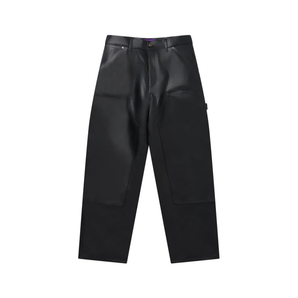 FAUX LEATHER EXTRA BAGGY DOUBLE KNEE PANTS BLACK