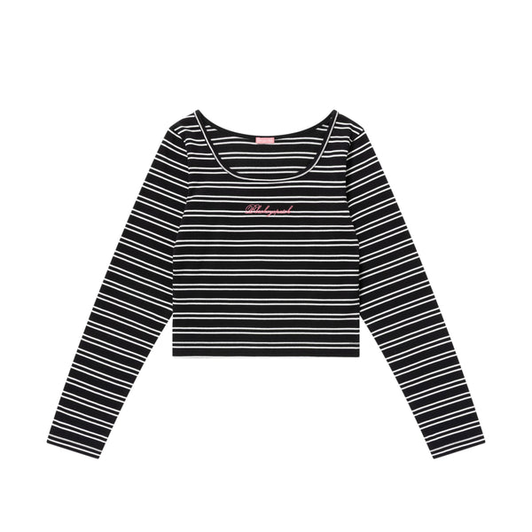 STRIPED SQUARE NECK CROPPED L/S TEE BLACK