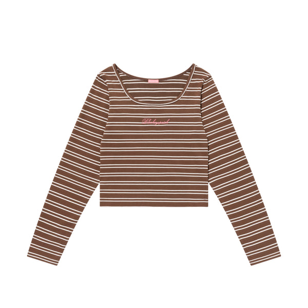 STRIPED SQUARE NECK CROPPED L/S TEE BROWN