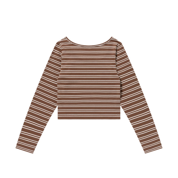 STRIPED SQUARE NECK CROPPED L/S TEE BROWN