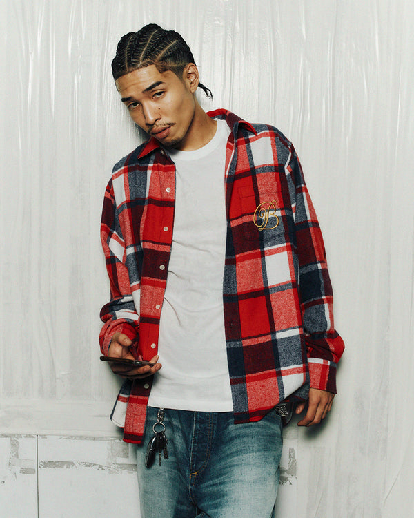 B EMBLEM CHECKED FLANNEL L/S SHIRT