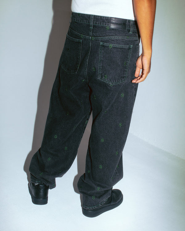 DOLLAR SIGN PATTERNED EXTRA BAGGY JEANS BLACK