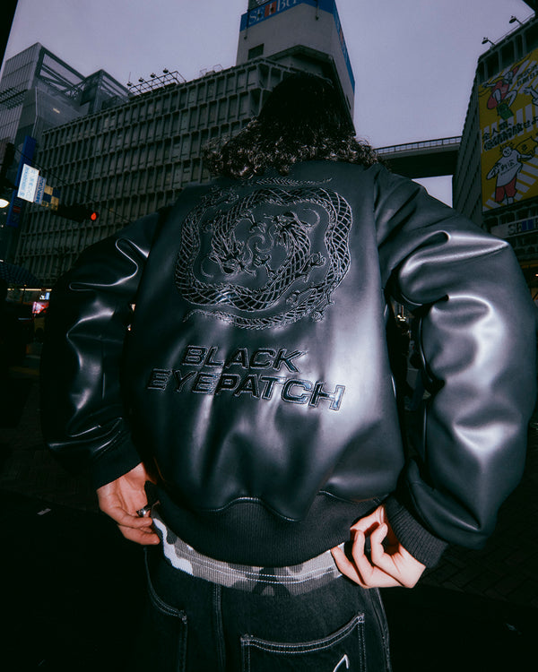 DRAGON SWIRL LOGO FAUX LEATHER JACKET BLACK