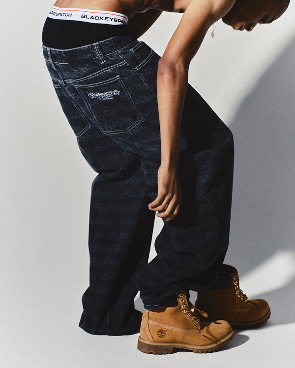 FASTHAND SCRIPT PATTERNED EXTRA BAGGY JEANS BLACK
