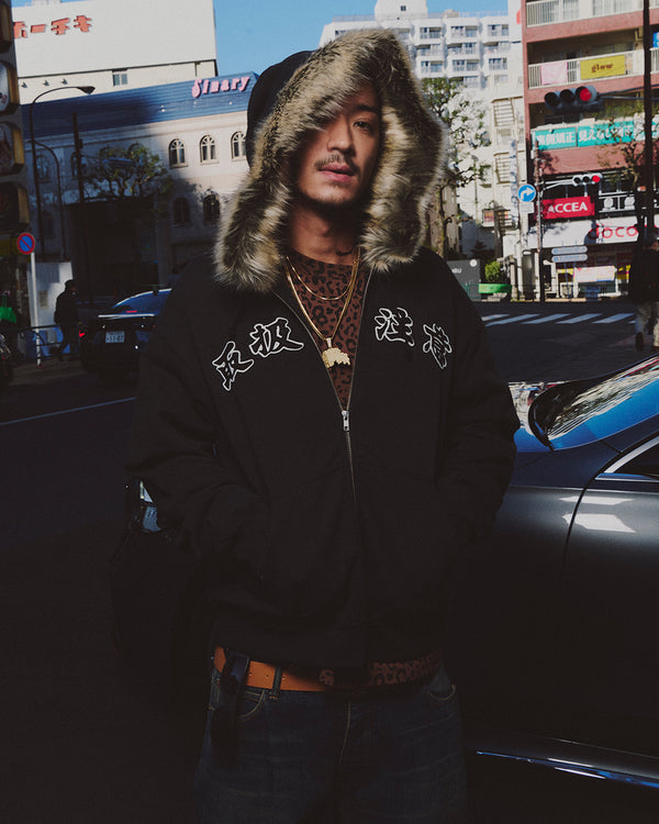 FAUX FUR HOODED HWC ZIP HOODIE BLACK