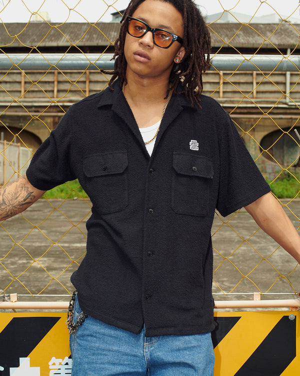OG LABEL OPEN COLLAR S/S PILE SHIRT BLACK
