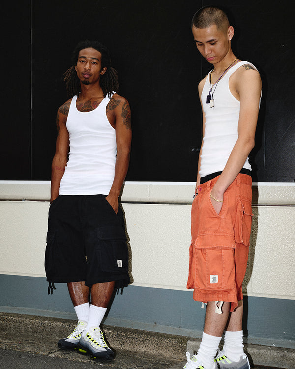 OG LABEL WASHED CARGO BAGGY SHORTS BLACK