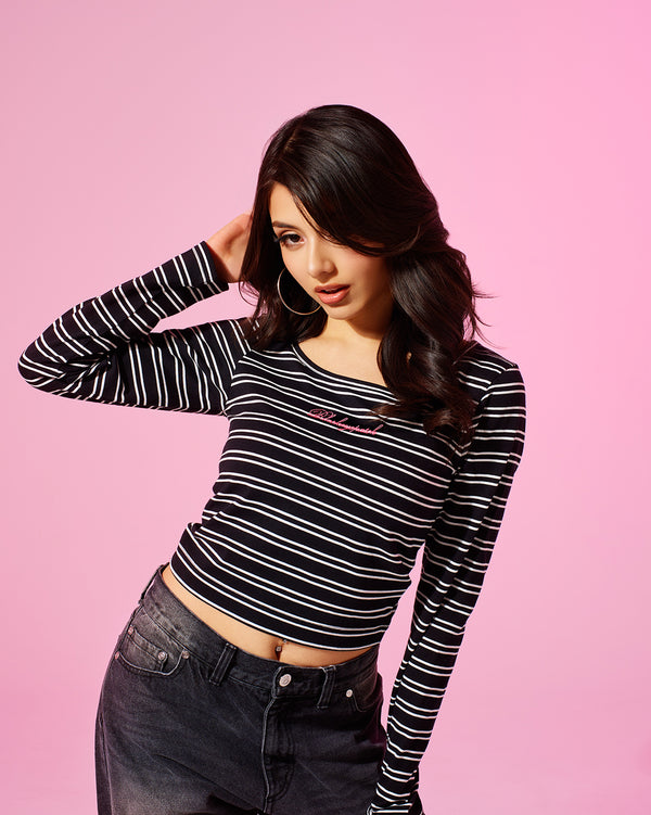 STRIPED SQUARE NECK CROPPED L/S TEE BROWN