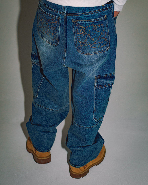 URBAN ARROWS STITCHED CARGO JEANS INDIGO